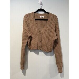 Hollister Cropped Cardigan Womens Medium Light Brown Cable Knit Sweater Y2K